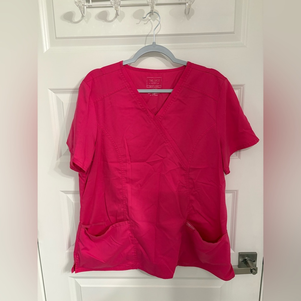 Women's Pink V-Neck Scrub Top with straight leg bottoms